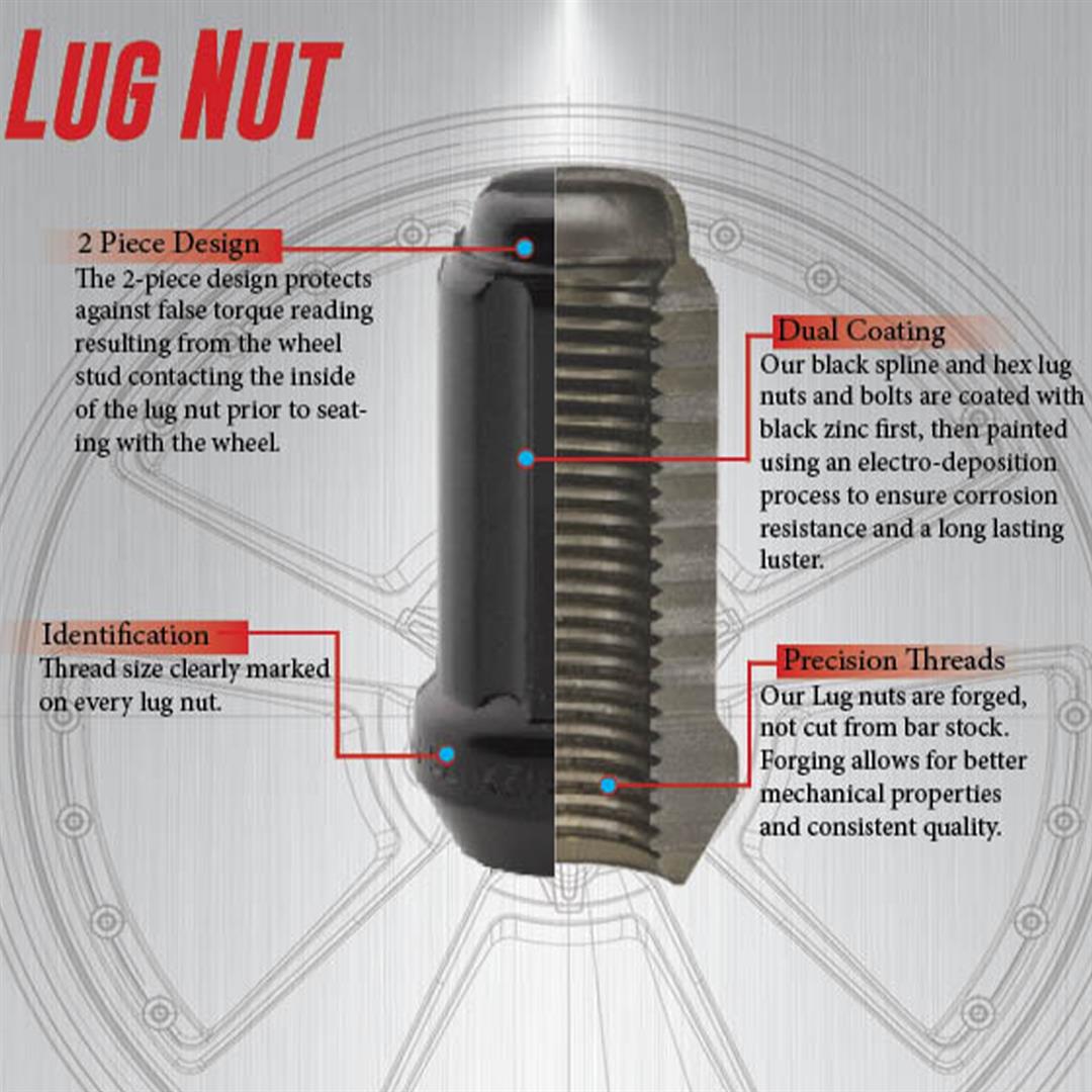 Lug Nut 5 Lug Kit; 14 Millimeter x 1.5 Thread Size; 60 Degree Conical; Spline Drive; Acorn; 1.50 Inch Overall Length; 6 Spline Tool; With 20 Chrome Plated Carbon Steel Lug Nut