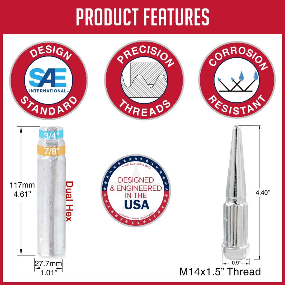 Lug Nut 8 Lug Kit; 14 Millimeter x 1.5 Thread Size; 60 Degree Conical; Spline Drive; Acorn Duplex; 4.4 Inch Overall Length; 6 Spline Tool; With 32 Chrome Plated Steel Spike Lug Nuts/ Socket Key