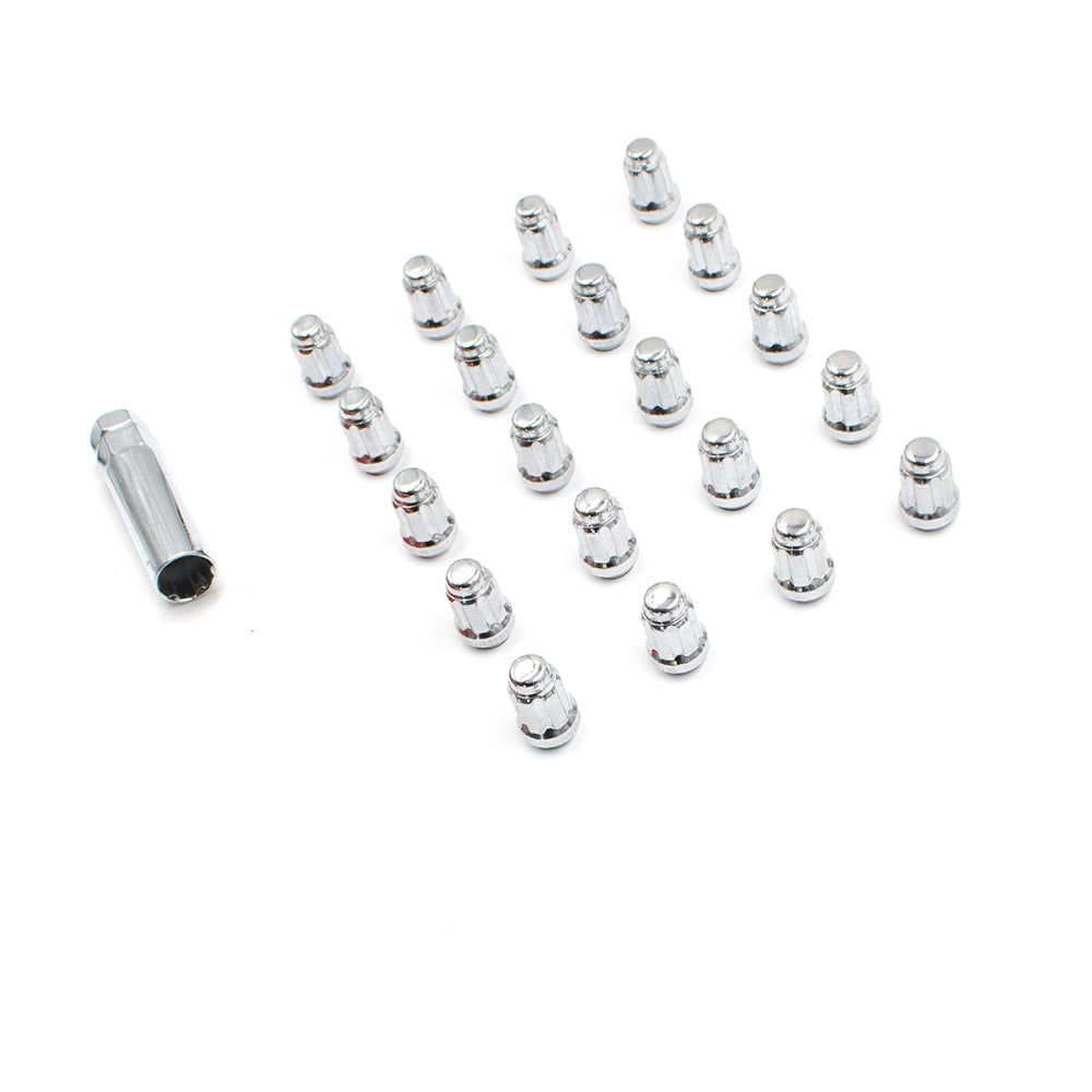 Lug Nut 5 Lug Kit; 14 Millimeter x 1.5 Thread Size; 60 Degree Conical; Spline Drive; Acorn; 1.50 Inch Overall Length; 6 Spline Tool; With 20 Chrome Plated Carbon Steel Lug Nut