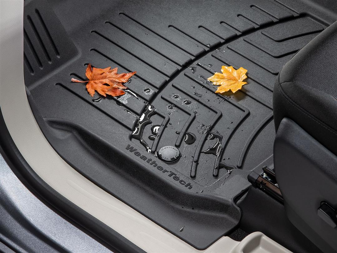 Floor Liner Molded Fit; With Channels And Reservoir To Direct And Hold Fluids With Applied WeatherTech Logo; Black; Thermoplastic Polyolefin (TPO) Vacuum Formed Material; 2 Piece
