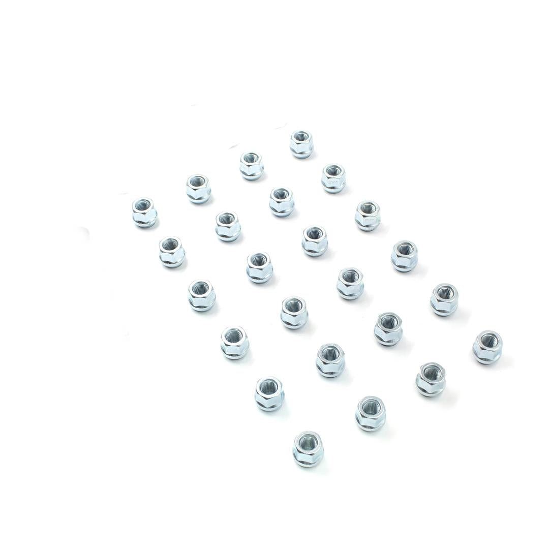Lug Nut 6 Lug Kit; 14 Millimeter x 2 Thread Size; 60 Degree Conical Bulge Open End; Acorn Open End; 0.84 Inch Overall Length; 3/4 Inch Hex Size; With 24 Zinc Plated Steel Lug Nut