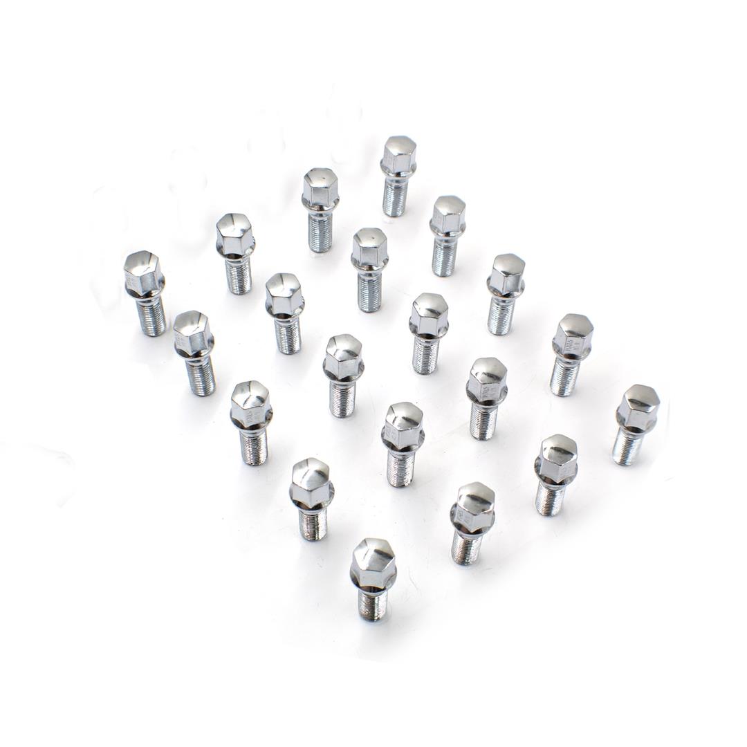 Lug Bolt 5 Lug Kit; 14 Millimeter x 1.5 Thread Size; 60 Degree Conical; Acorn; 1.58 Inch Shank Length; 2.56 Inch Overall Length; 17 Millimeter Hex Size; With 20 Chrome Plated Carbon Steel Lug Bolts