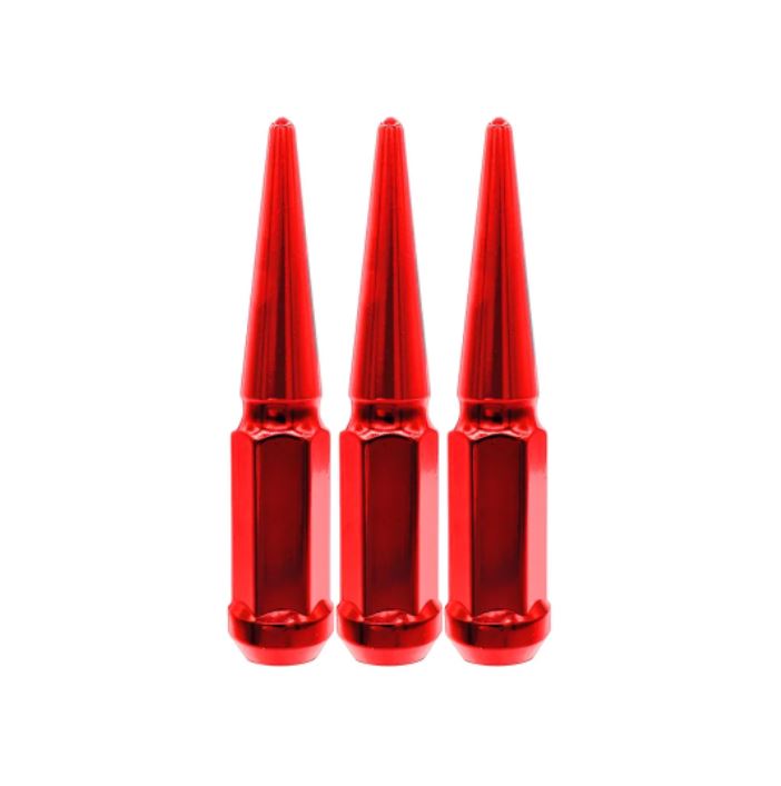 Wheel Installation Kit 6 lug Kit; 14 Millimeter x 1.5 Thread Size; 60 Degree Conical; Acorn XXL Long Duplex; 3.93 Inch Overall Length; 3/4 Inch Hex Size; With 24 Red Spike Lug Nuts And Lug Nut Socket Key