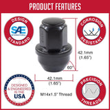 Lug Nut 5 Lug Kit; 14 Millimeter x 1.5 Thread Size; 60 Degree Conical; Acorn; 1.66 Inch Overall Length; 13/16 Inch Hex Size; With 20 Black Carbon Steel Lug Nuts