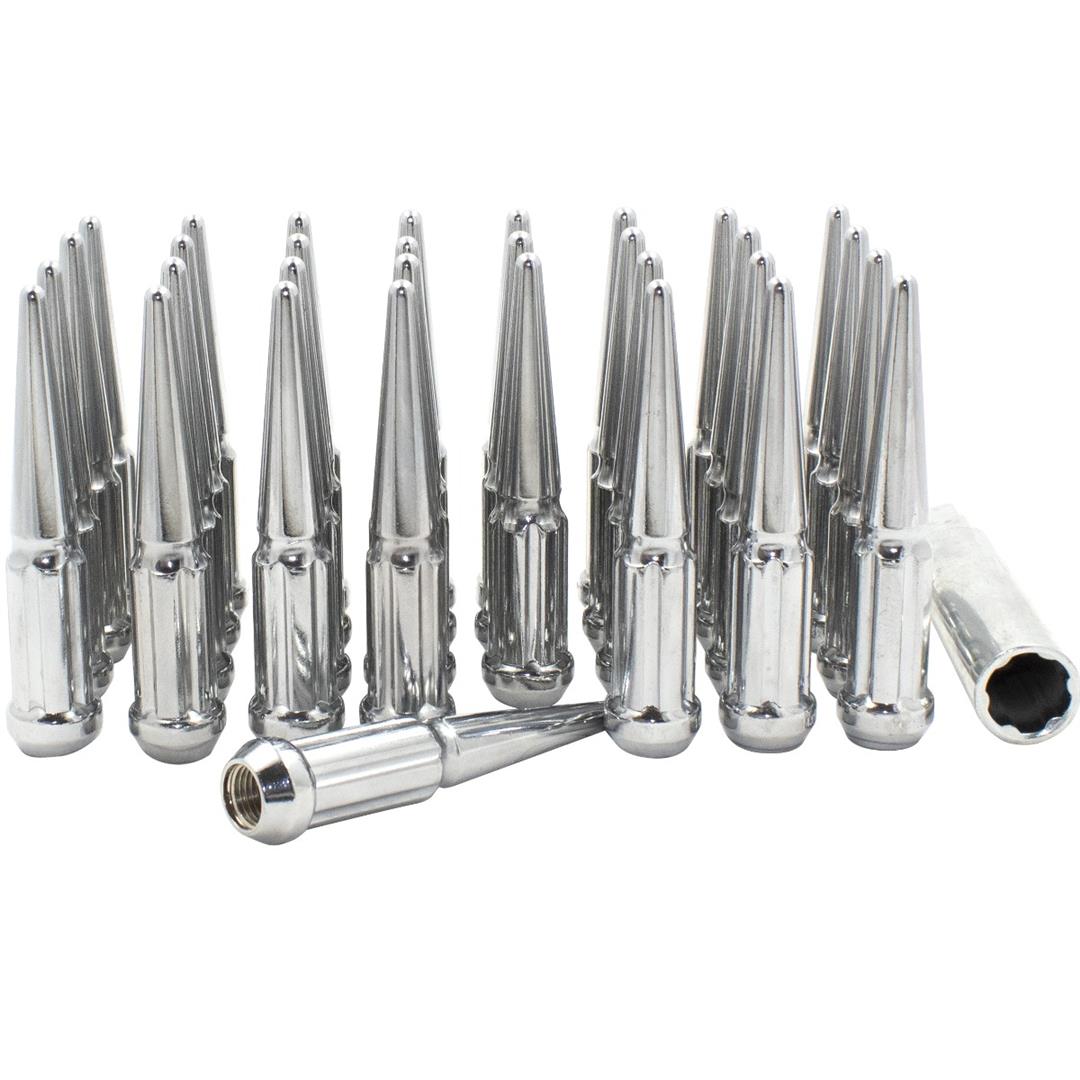 Lug Nut 8 Lug Kit; 14 Millimeter x 1.5 Thread Size; 60 Degree Conical; Spline Drive; Acorn Duplex; 4.4 Inch Overall Length; 6 Spline Tool; With 32 Chrome Plated Steel Spike Lug Nuts/ Socket Key