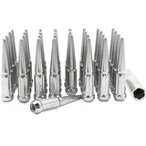 Lug Nut 8 Lug Kit; 14 Millimeter x 1.5 Thread Size; 60 Degree Conical; Spline Drive; Acorn Duplex; 4.4 Inch Overall Length; 6 Spline Tool; With 32 Chrome Plated Steel Spike Lug Nuts/ Socket Key