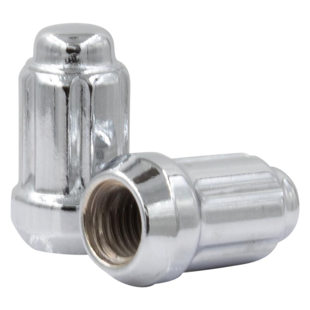 Lug Nut 12 Millimeter X 1.5 Thread Size; 60 Degree Conical Bulge; Acorn; 1.38 Inch Overall Length; Spline Drive; Requires 6 Spline Tool (See Required Parts); Chrome Plated; Carbon Steel; Single