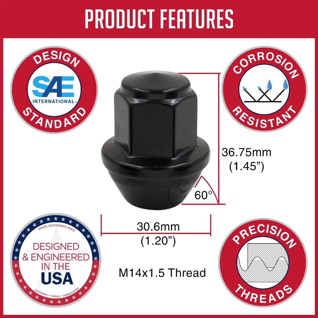 Lug Nut 5 Lug Kit; 14 Millimeter x 1.5 Thread Size; 60 Degree Conical Bulge; Acorn; 1.45 Inch Overall Length; 13/16 Inch Lug Nut Hex Size; With 20 Black Carbon Steel Lug Nuts