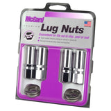 Lug Nut 12 Millimeter X 1.5 Thread Size; 2.475 Inch Extra Long With 1-1/4 Inch Round Center Hole Washer; Duplex Open Ended Lug; 2.475 Inch Overall Length; 13/16 Inch Wrench Size; Chrome Plated; Steel; Set Of 4