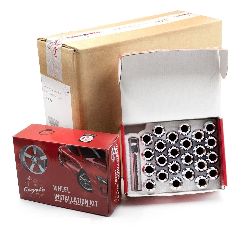Lug Nut 5 Lug Kit; 12 Millimeter x 1.5 Thread Size; 60 Degree Conical; Spline Drive; Acorn Open End; 0.84 Inch Overall Length; 6 Spline Tool; With 20 Chrome Plated Carbon Steel Lug Nut/ Socket Key/ 4 Valve Stems