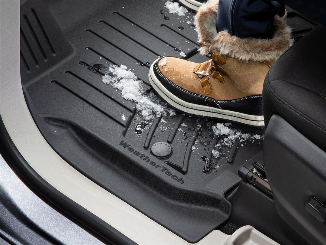 Floor Liner Molded Fit; With Channels And Reservoir To Direct And Hold Fluids With Applied WeatherTech Logo; Black; Thermoplastic Polyolefin (TPO) Vacuum Formed Material; 2 Piece