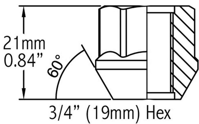 Lug Nut 6 Lug Kit; 14 Millimeter x 2 Thread Size; 60 Degree Conical Bulge Open End; Acorn Open End; 0.84 Inch Overall Length; 3/4 Inch Hex Size; With 24 Zinc Plated Steel Lug Nut
