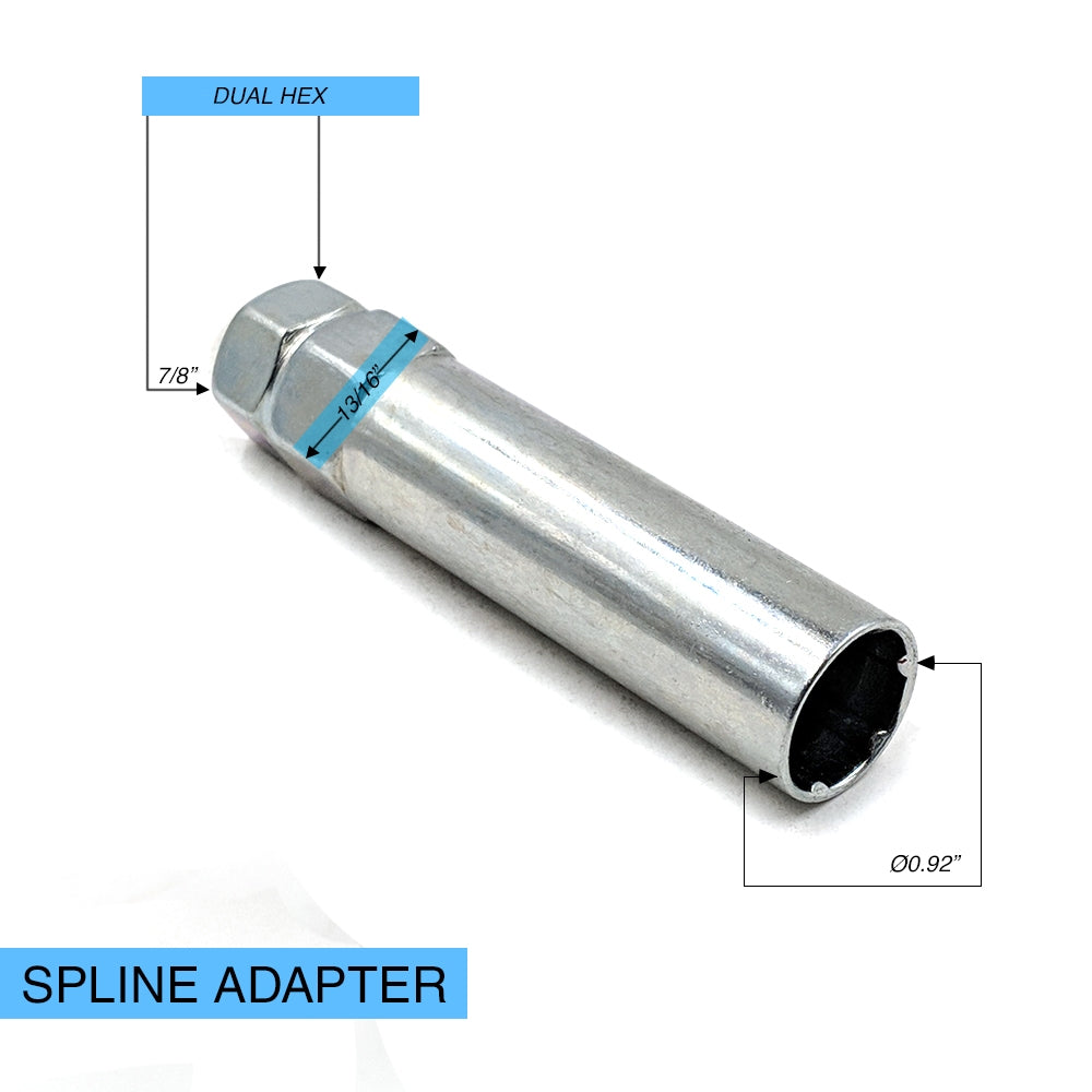 Lug Nut 5 Lug Kit; 14 Millimeter x 1.5 Thread Size; 60 Degree Conical; Spline Drive; Acorn; 1.50 Inch Overall Length; 6 Spline Tool; With 20 Chrome Plated Carbon Steel Lug Nut