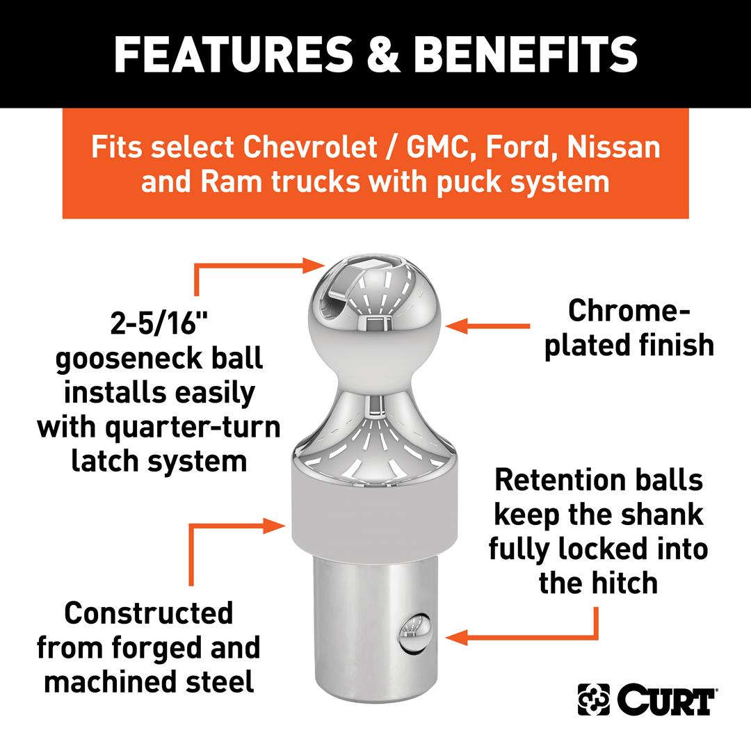 Gooseneck Trailer Hitch Ball For Use With Chevy/ Ford/ GMC/ Nissan OE Puck System; 2-5/16 Inch