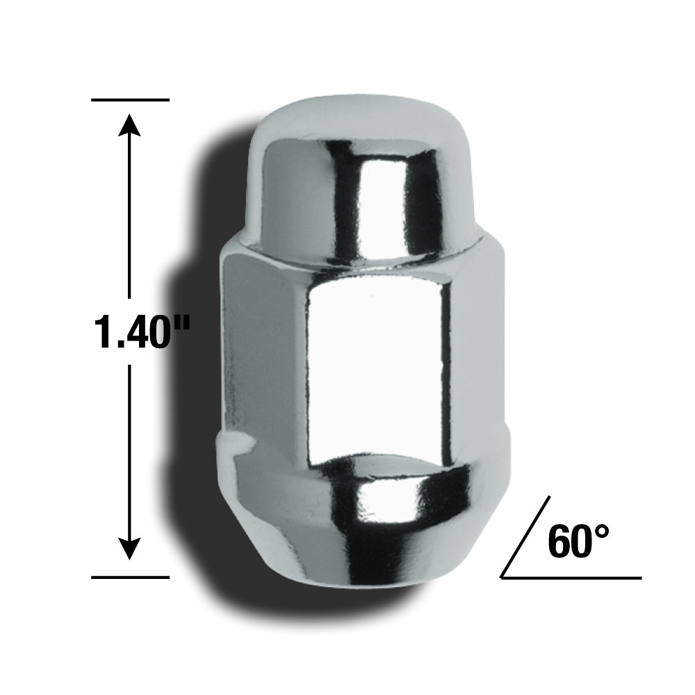 Lug Nut 14 Millimeter X 1.5 Thread Size; Conical Seat; For Use With Steel And Aluminum Wheels; 1.4 Inch Overall Length; 3/4 Inch Hex Size; Chrome Plated; Steel; Pack Of 4 With Bagged Packaging