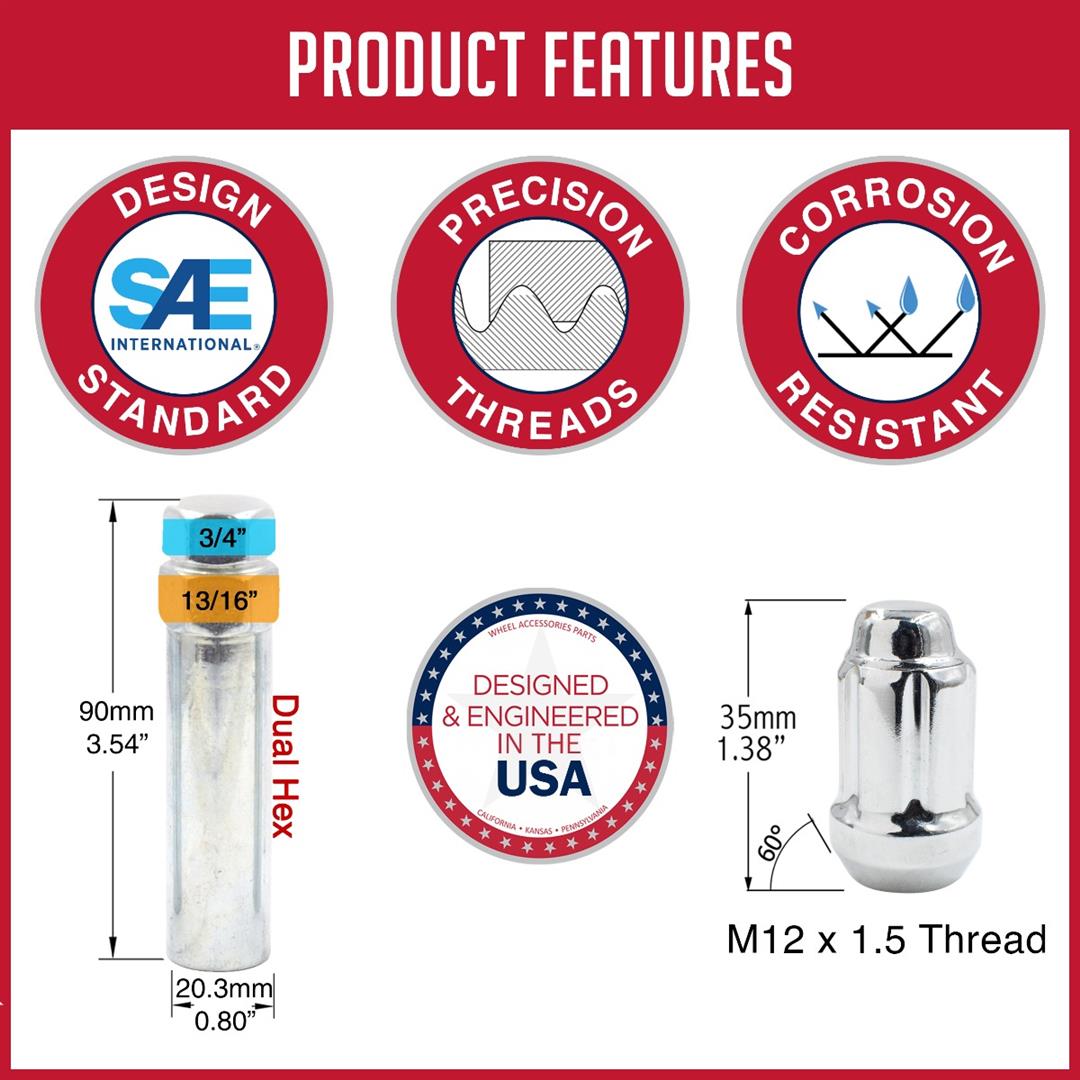Lug Nut 6 Lug Kit; 12 Millimeter x 1.5 Thread Size; 60 Degree Conical; Spline Drive; Acorn; 1.38 Inch Overall Length; 6 Spline Tool; With 24 Chrome Plated Carbon Steel Lug Nut